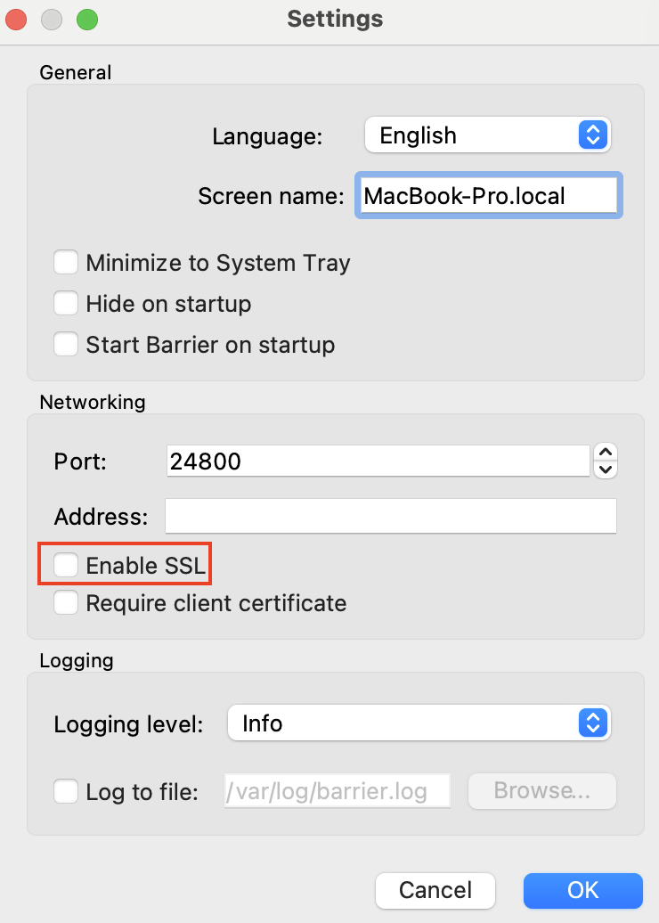 BarrierのSettings画面。Enable SSLのチェックを外す