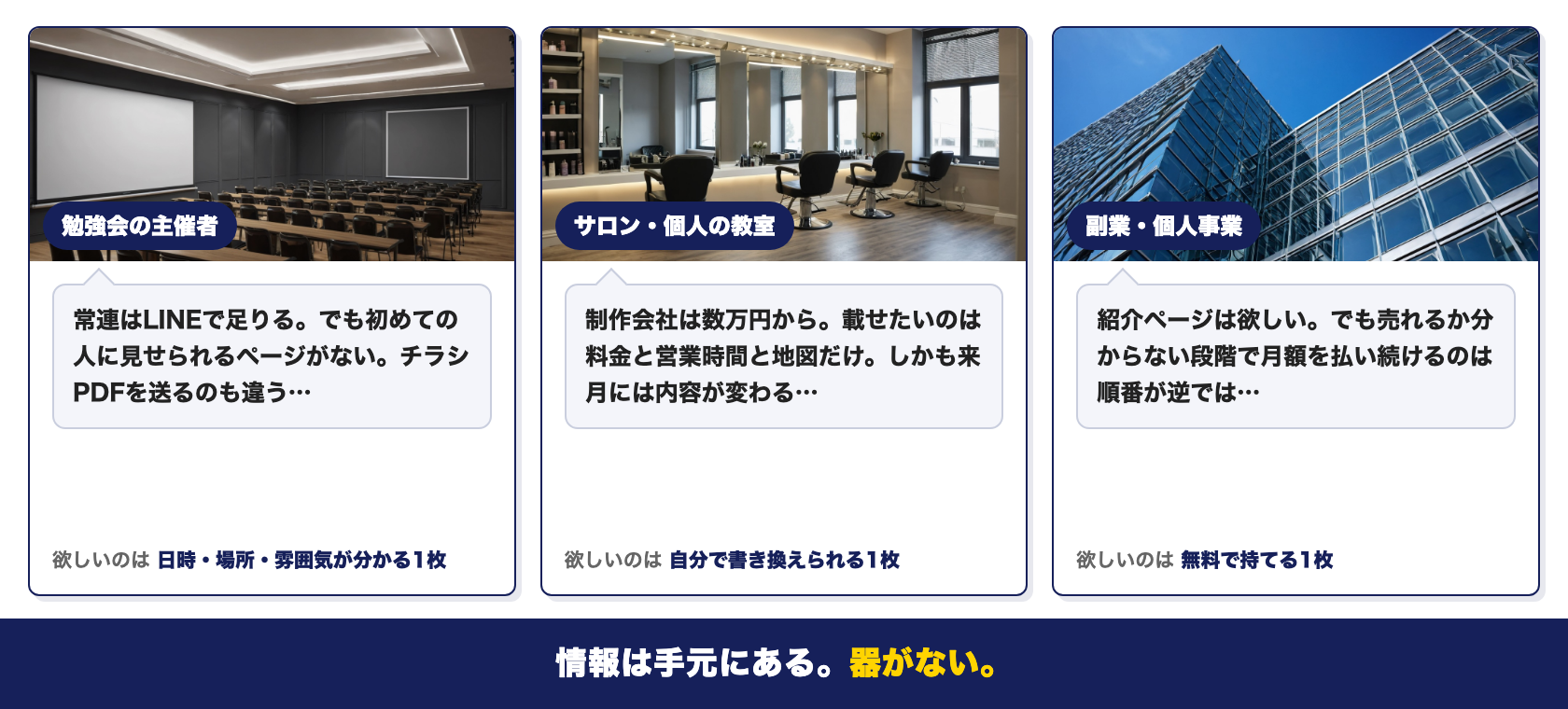 想定する3つの場面：勉強会の主催者・サロンや個人の教室・副業や個人事業。共通点は、情報は手元にあるのに器がないこと