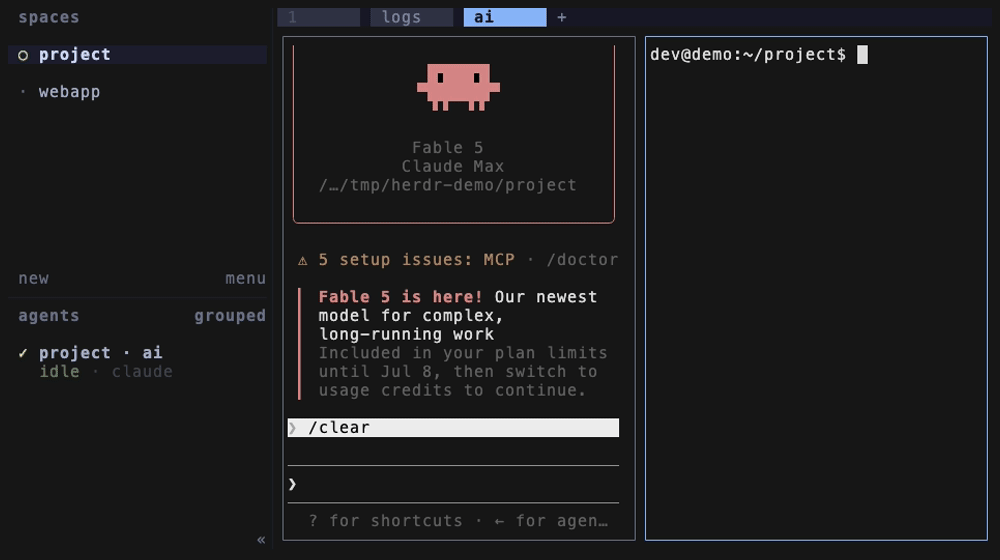 herdr agent send で指示を送り、agent wait で完了を待って agent read で結果を読むスクリプトの実行の様子