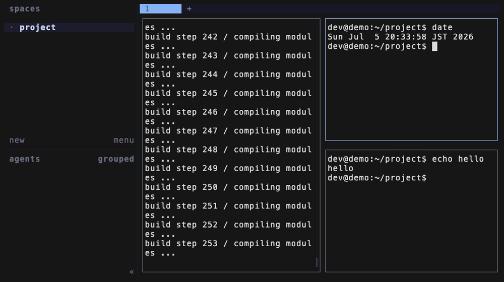 prefix c でタブ名を入力して新規タブを作り、prefix p / prefix n で行き来する様子