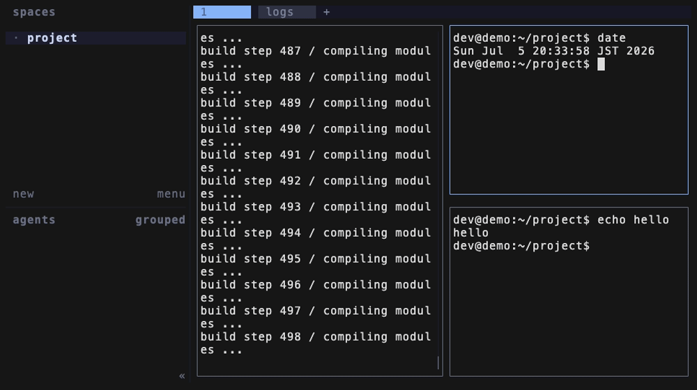 prefix Shift+n でワークスペースを作り、prefix w のナビゲートモードで切り替える様子