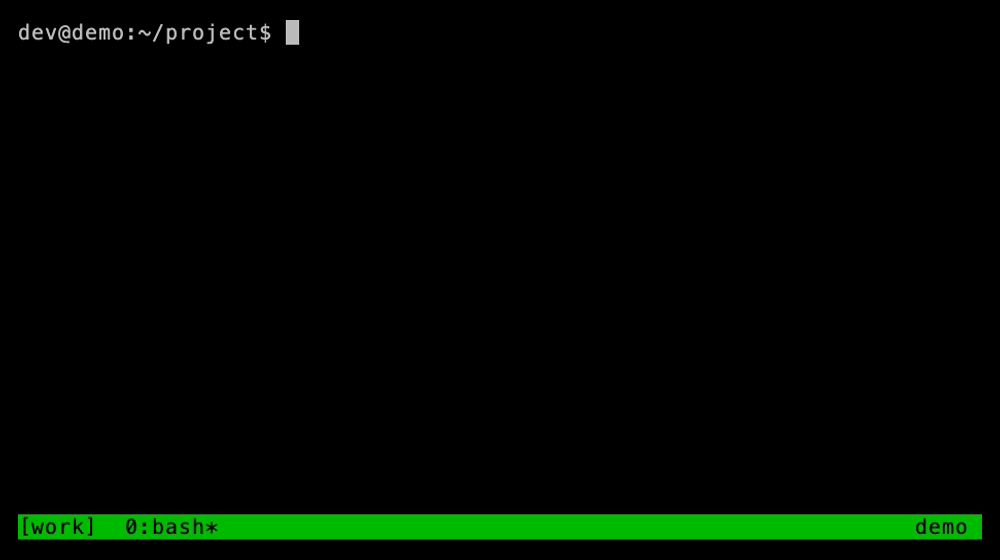 prefix d で detach して抜け、tmux a で同じセッションに戻る様子